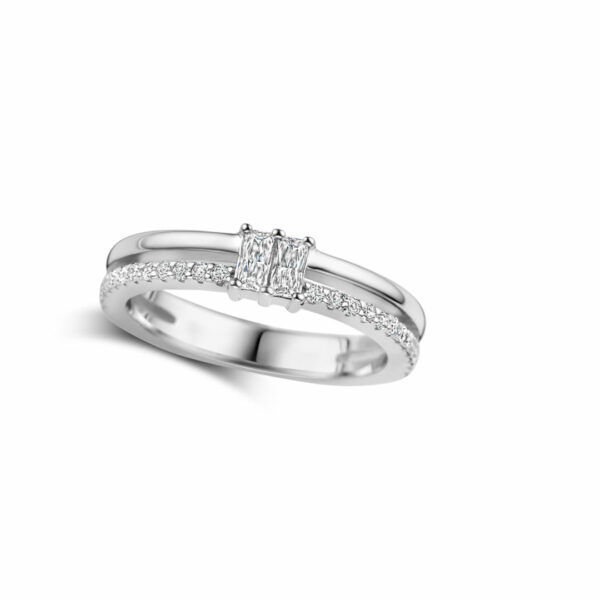 Bague argent 925 double rang baguettes et ronds oxydes zirconium sertis. Cherbourg