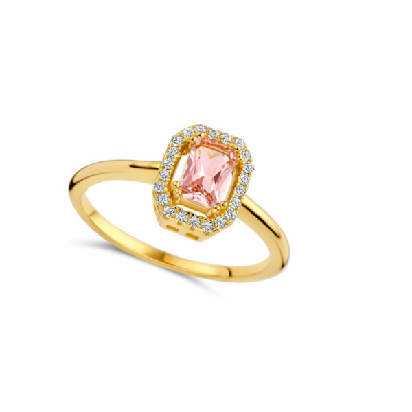 Bague tendresse pierre d'imitation morganite rose et oxydes argent 925 plaqué or 18 cts